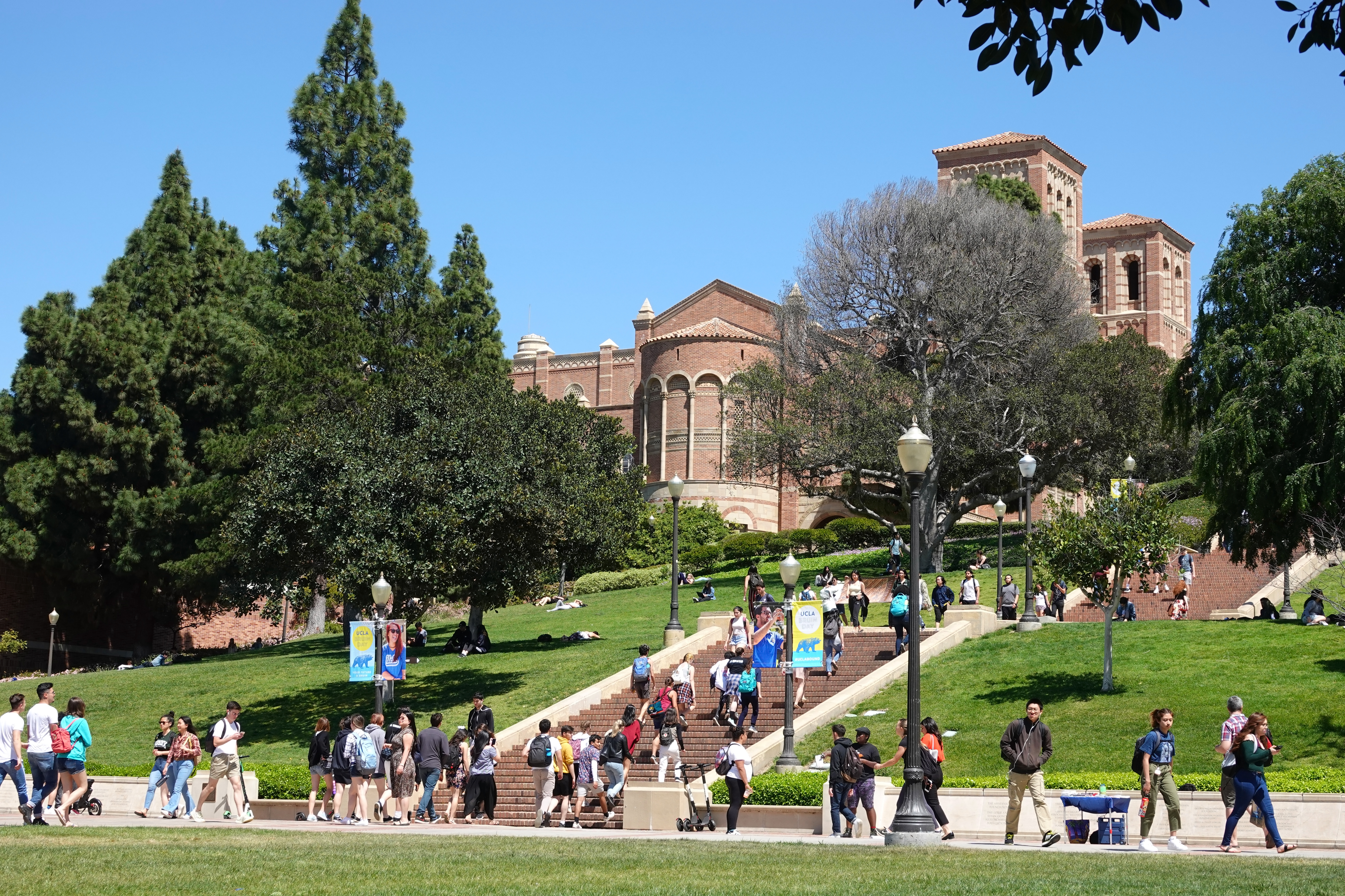 Janss Steps and surrounding buildings during the day with students walking around.